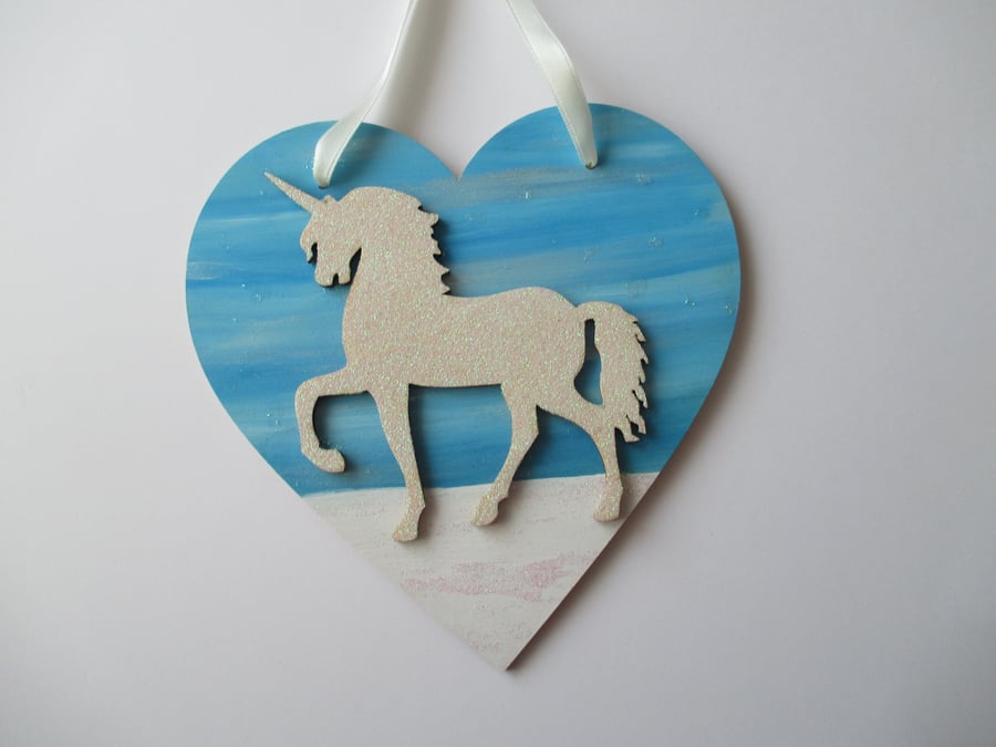 Unicorn Love Heart Hanging Decoration Blue Snow White Twinkly Glittery Wood 