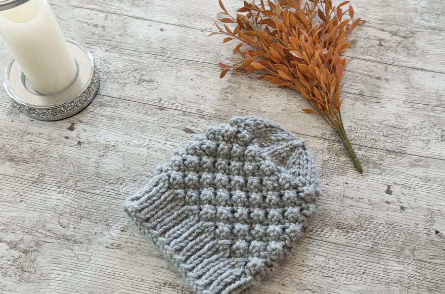 Ladies Grey Chunky Knit Beanie Winter Hat