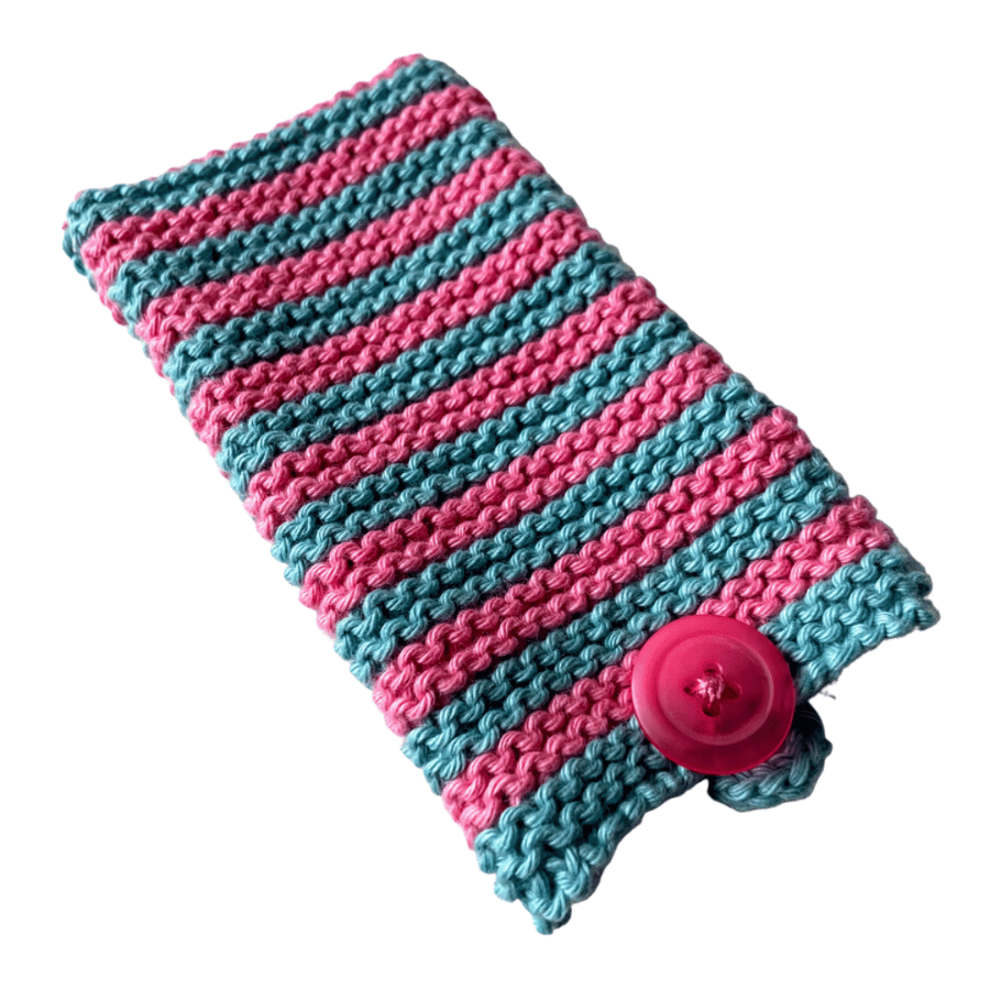 Hand knitted aran design pouch in pink and turquoise stripes