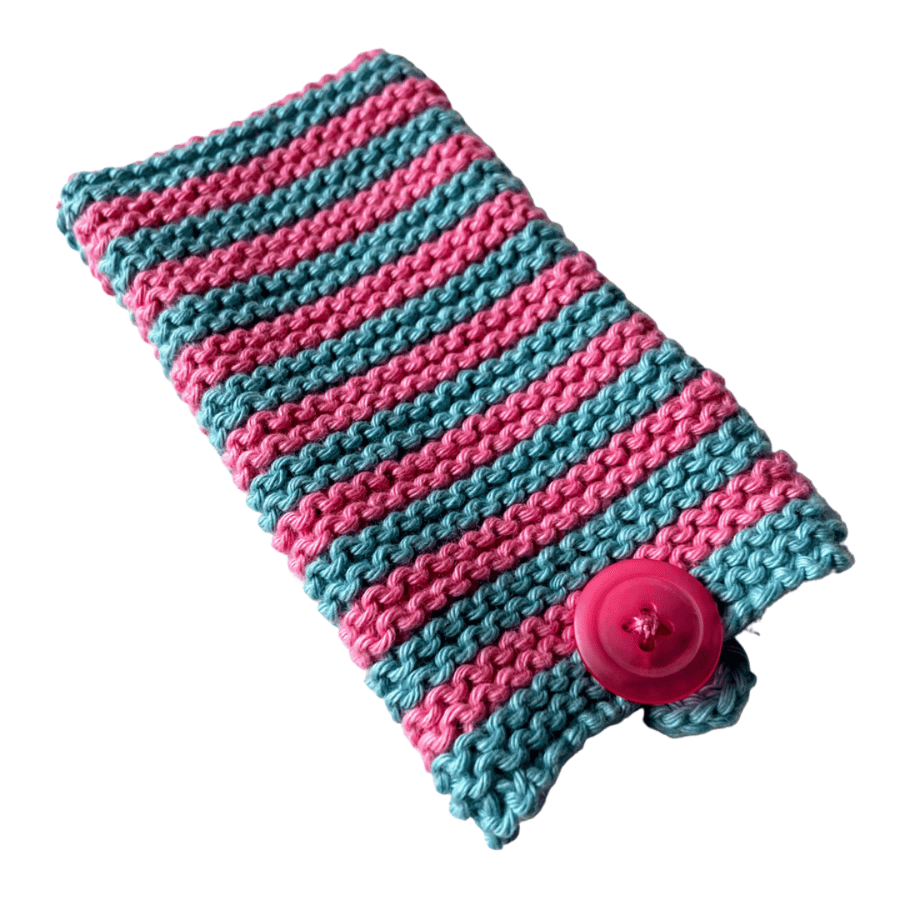 SOLD - Hand knitted aran design pouch in pink and turquoise stripes