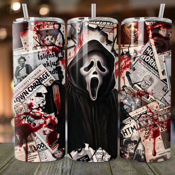 20oz Ghost Face Horror Tumbler - Blood-Splattered Newspaper Collage - Insulated 