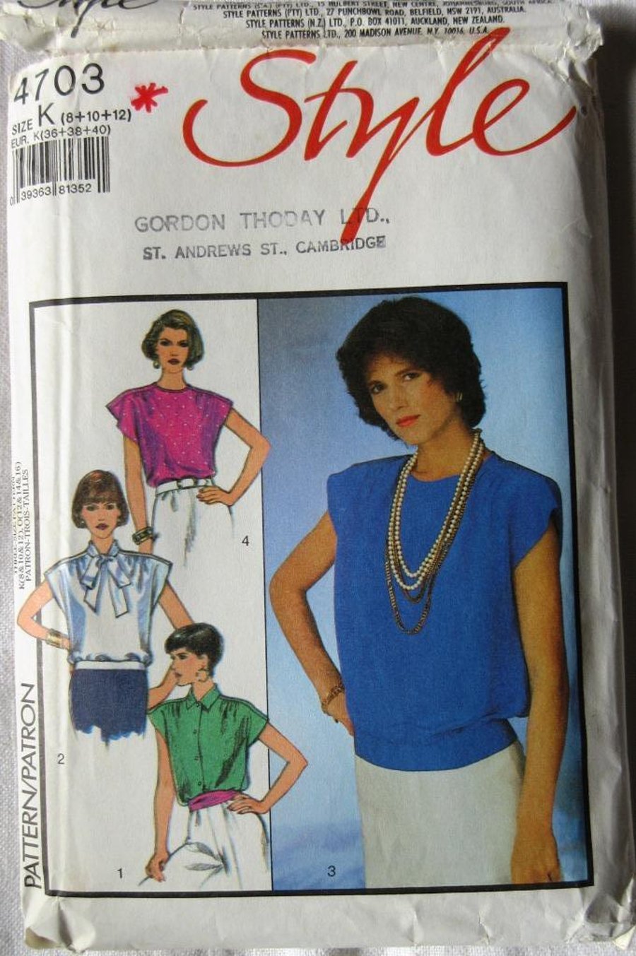 A multi-size sewing pattern for misses' blouses in sizes 8 - 10 - 12 (Style 4703