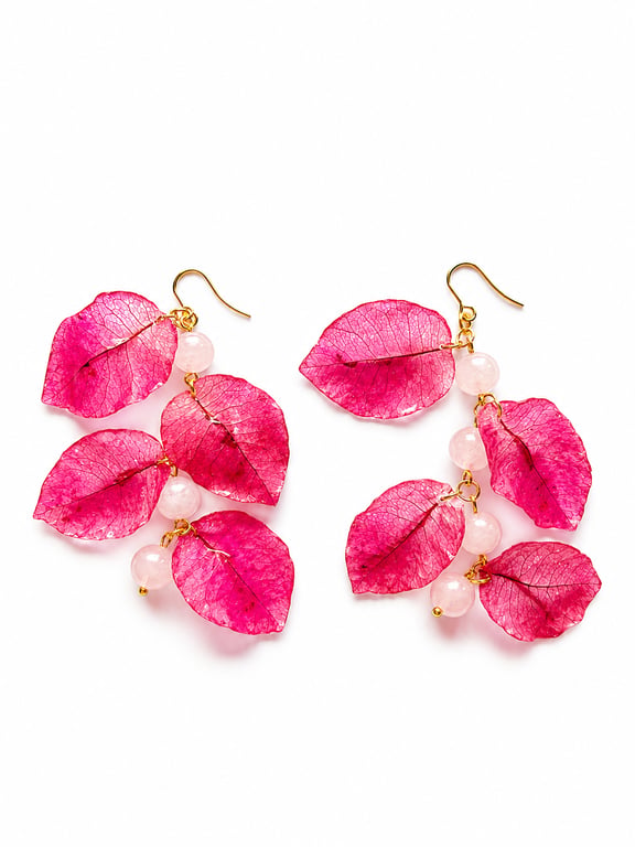Real Bougainvillea Cascade Earrings with Rose Quartz - Botanical Jewellery