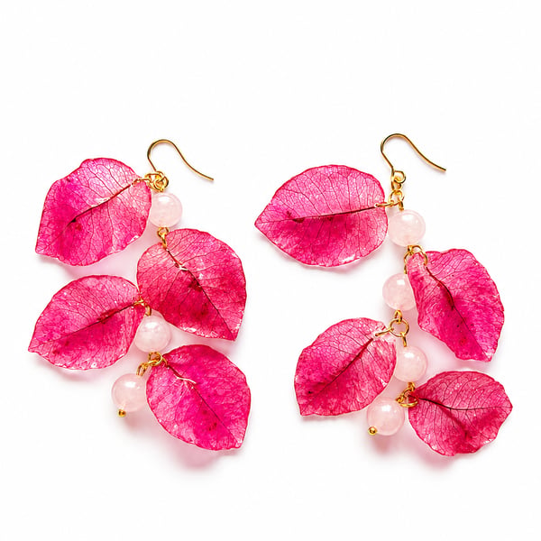 Real Bougainvillea Cascade Earrings with Rose Quartz - Botanical Jewellery