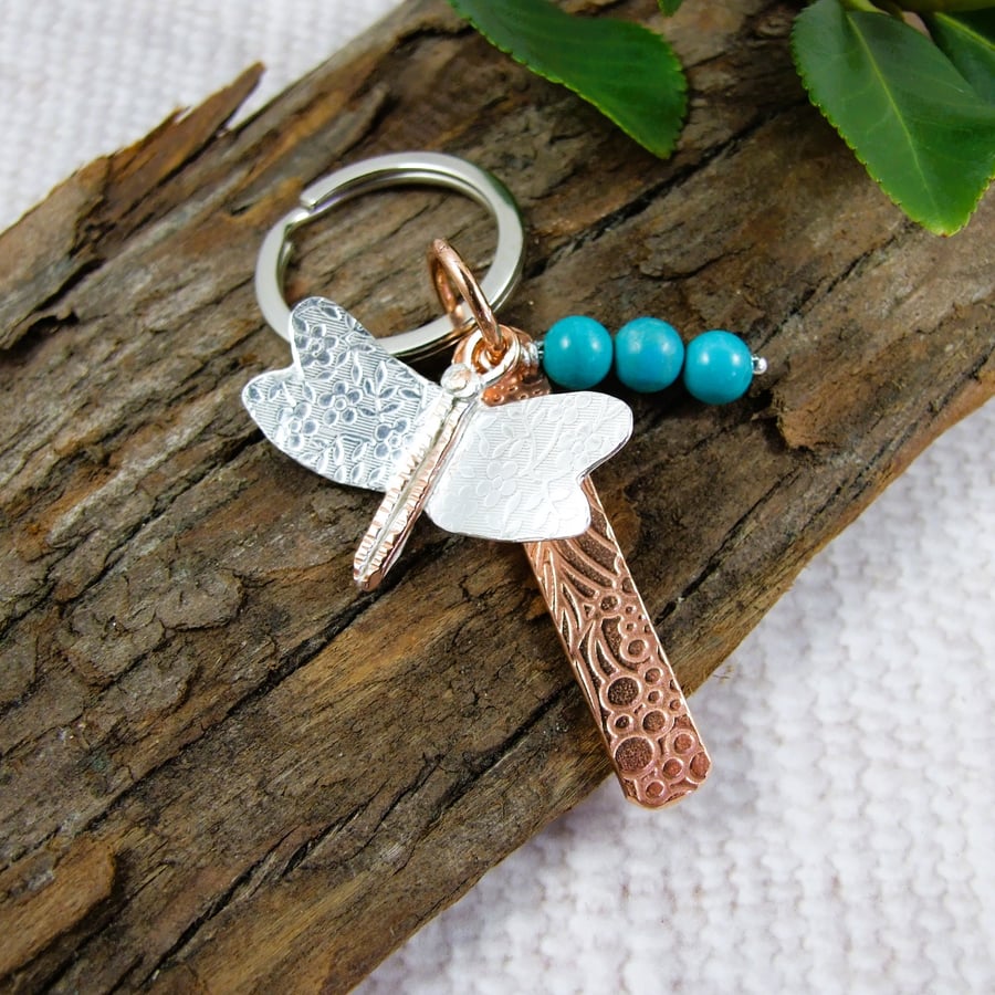 Keyring, Sterling Silver and Copper Dragonfly and Bar with Turquoise Gemstone