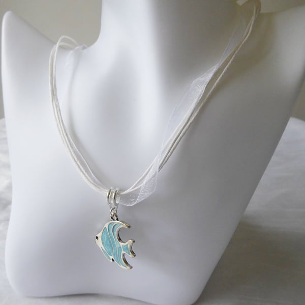 White Ribbon & Cord Adjustable Necklace with Blue Enamelled Angel Fish Pendant
