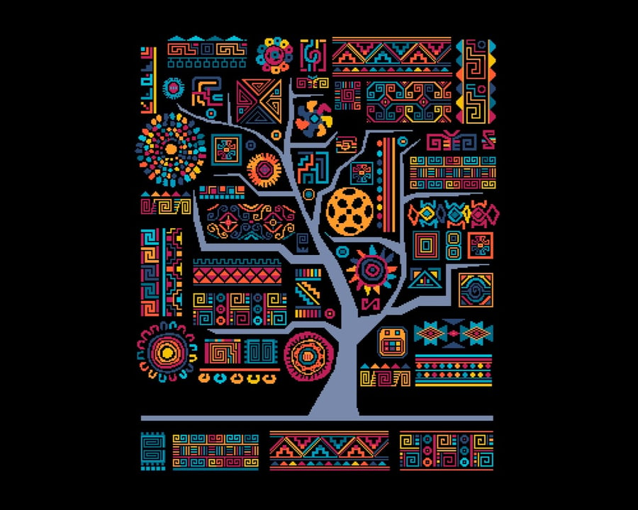 160 - African Aztec Inka Tribal Tree of Life - Fire&Water - Cross Stitch Pattern