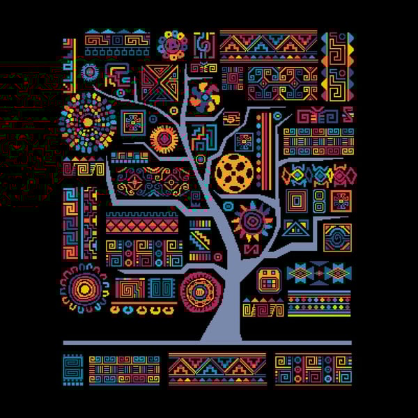 160 - African Aztec Inka Tribal Tree of Life - Fire&Water - Cross Stitch Pattern