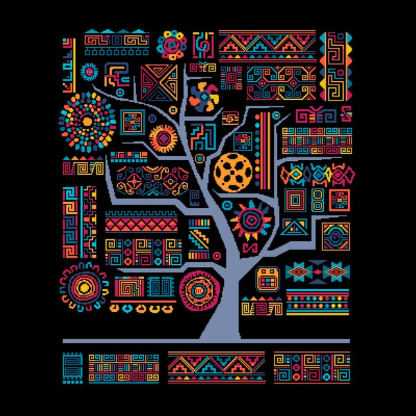 160 - African Aztec Inka Tribal Tree of Life - Fire&Water - Cross Stitch Pattern