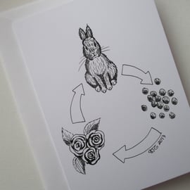 Bunny Rabbit Black & White Monochrome Blank Greetings Card Illustration