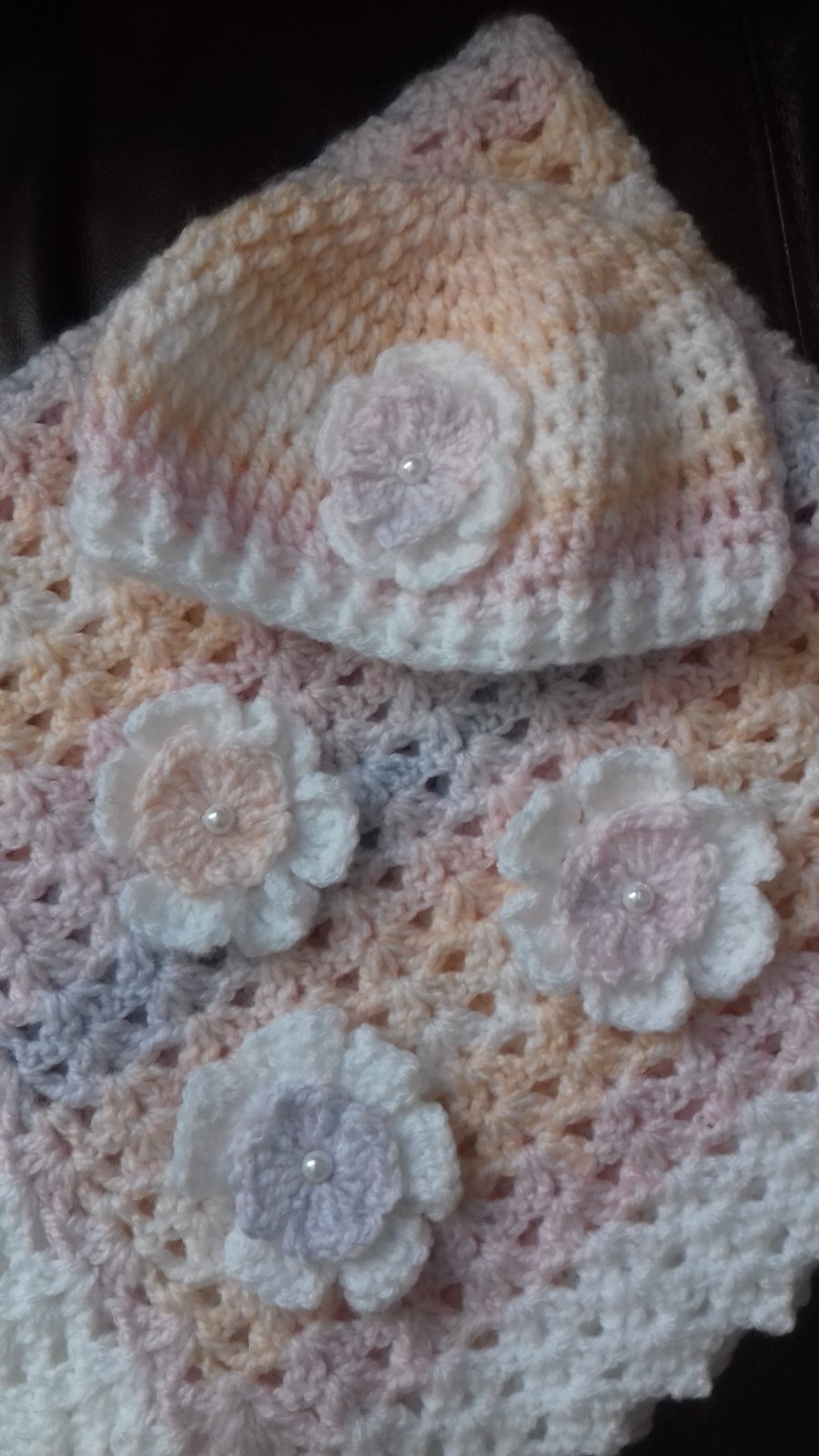 Baby girl crocheted hat with matching Blanket with crocheted flowers 