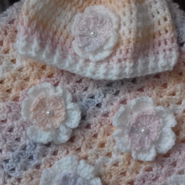 Baby girl crocheted hat with matching Blanket with crocheted flowers 
