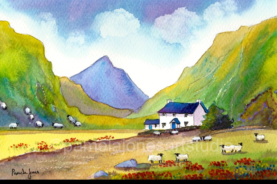 Hillside Cottage, Snowdonia, North Wales, Watercolour Print in 14 x 11'' Mount