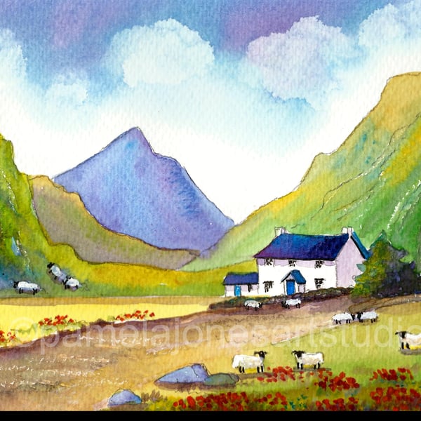 Hillside Cottage, Snowdonia, North Wales, Watercolour Print in 14 x 11'' Mount