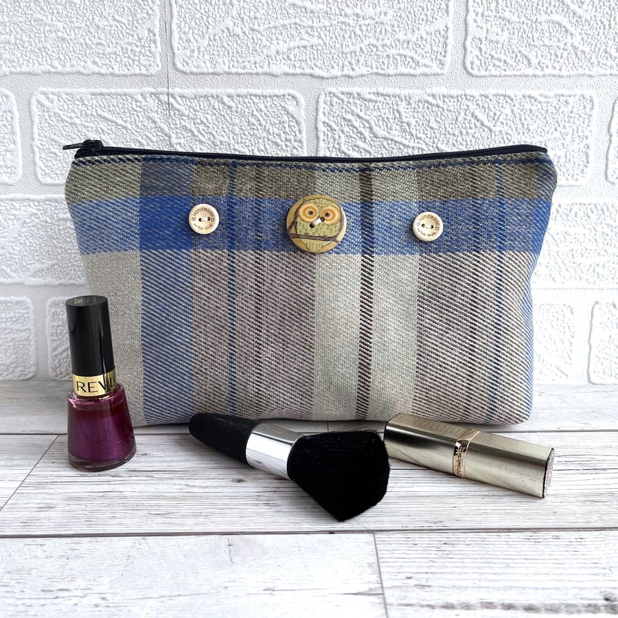 Large Tartan Make Up Bag with Wooden Buttons