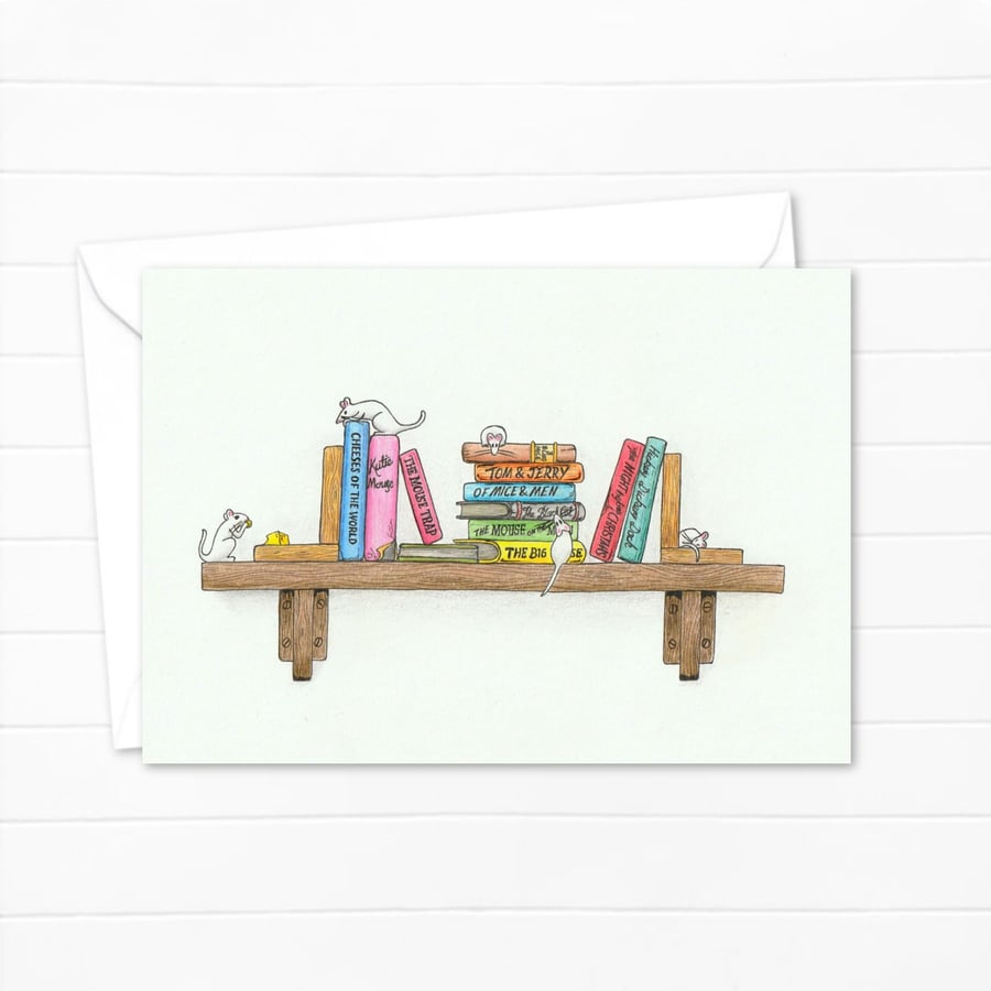 Cute Mice Greeting Card: Cute Mice on a Book Shelf Birthday Card (205)