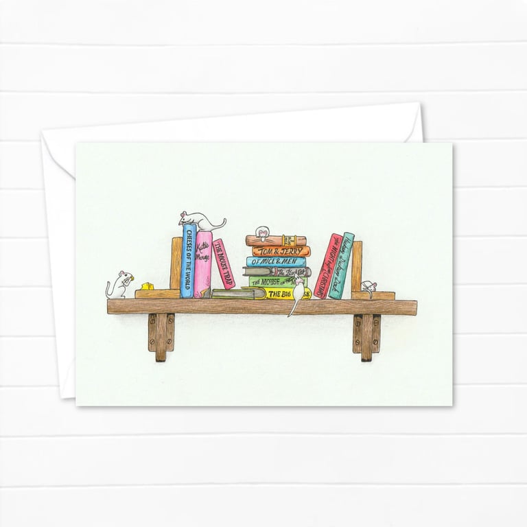 Cute Mice Greeting Card: Cute Mice on a Book Shelf Birthday Card (205)