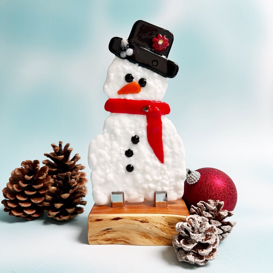 Fused Glass Snowman on Yew Stand-Small