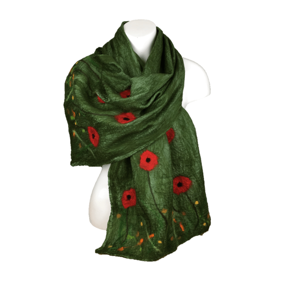 Green nuno felted scarf with floral poppy design