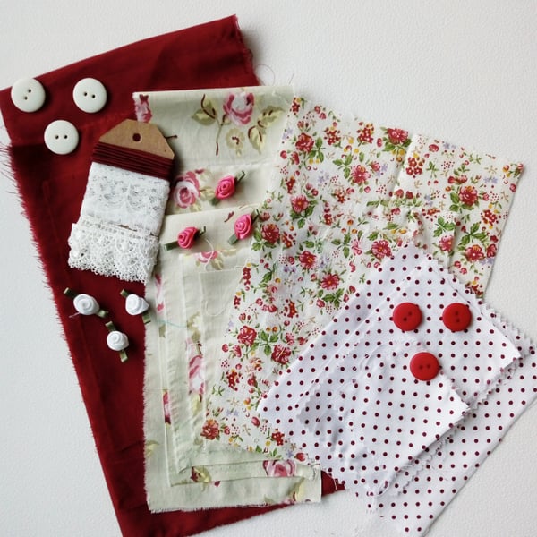 Vintage Rose Fabric and Embellishments Pack, Crafting, Sewing, Makers, Supplies