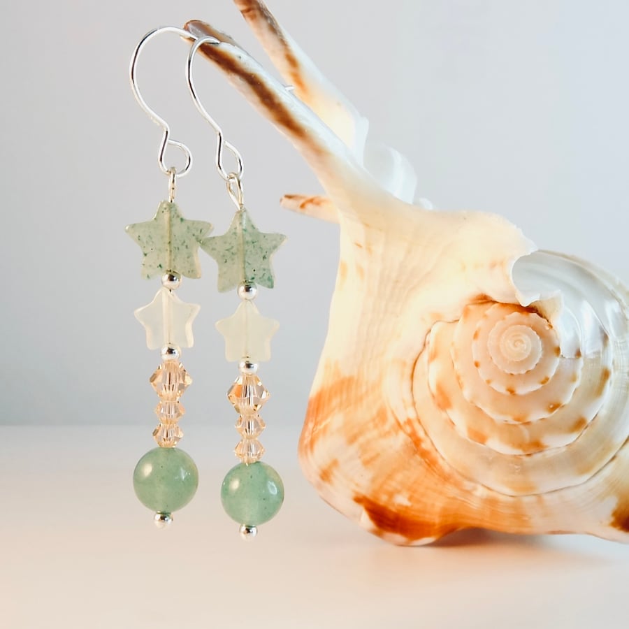 Green Aventurine Star Earrings With Peach Swarovski Crystals