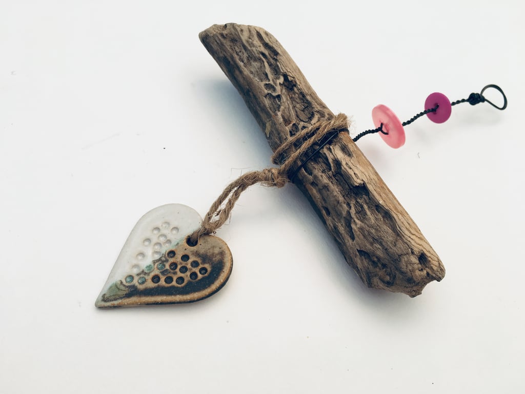 Unique Driftwood, Loveheart hanger, pottery, gift idea, birthday, home decor