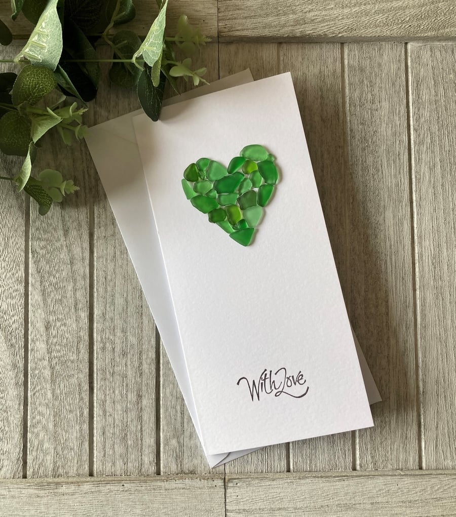 Birthday Card: With Love - Sea Glass Heart Green