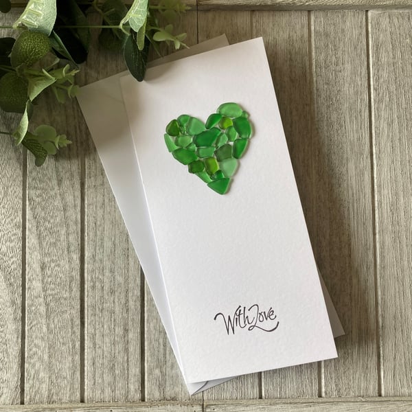 Birthday Card: With Love - Sea Glass Heart Green