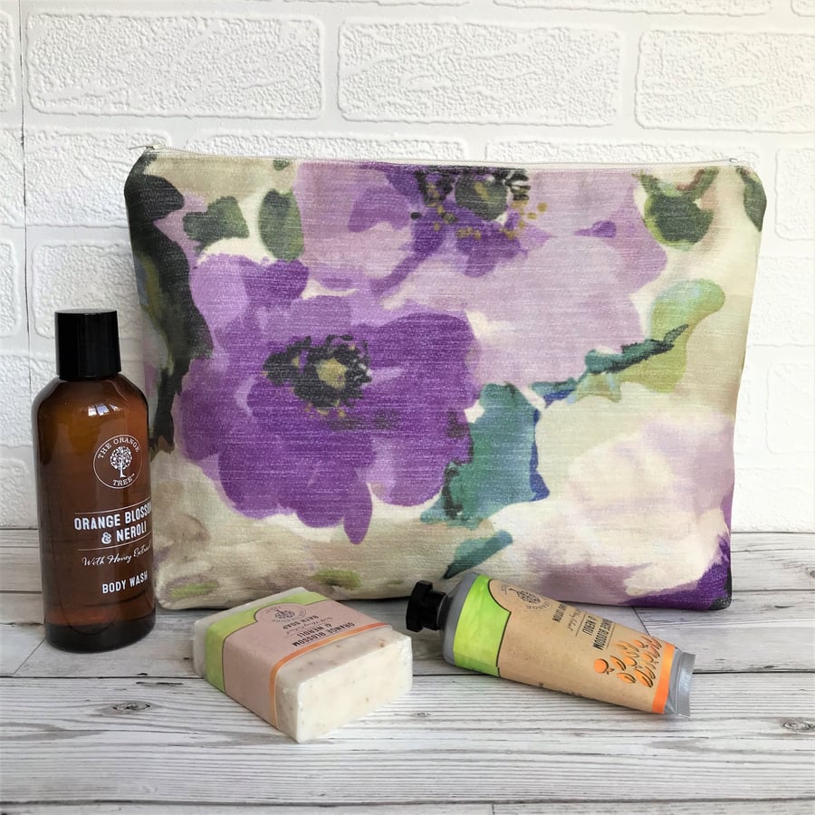 Cream toiletry bag, wash bag with large purple flowers