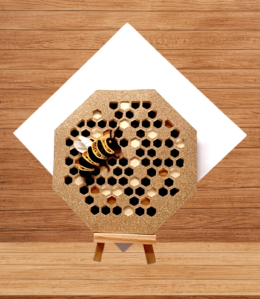Stunning octagonal layered honeycomb and  quilled bee birthday card