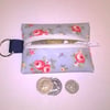 Mini coin purse key ring in Oilcloth, blue floral pattern, fits lip vaseline,