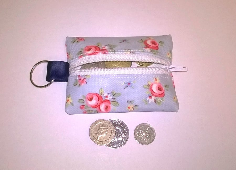 Mini coin purse key ring in Oilcloth, blue floral pattern, fits lip vaseline,
