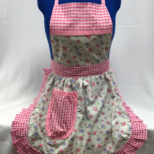 Vintage 50s Style Full Apron Pinny - Ivory with Pink & Purple Flowers & Gingham