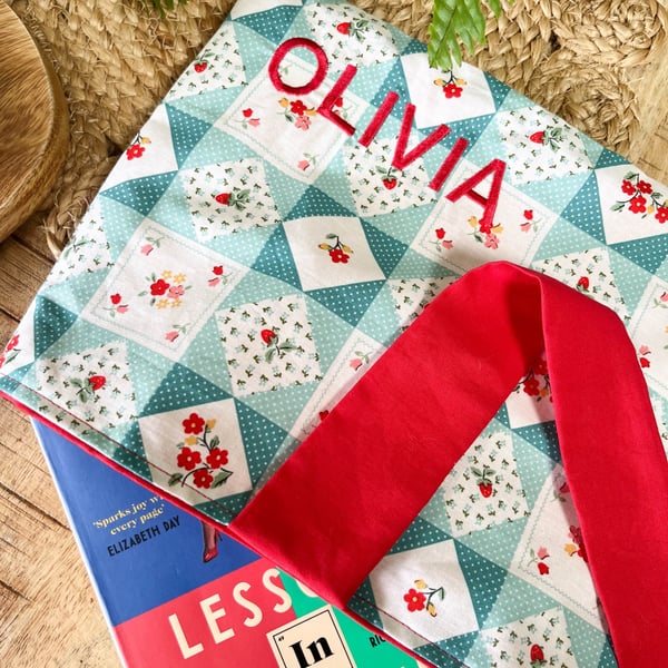Personalised Embroidered Turquoise Floral Book Sleeve, Cottagecore Book Gift