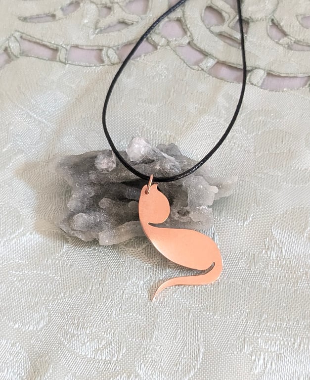Small Copper Cat Pendant on a Black or Turquoise Waxed Cotton Cord