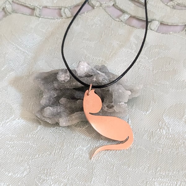 Small Copper Cat Pendant on a Black or Turquoise Waxed Cotton Cord