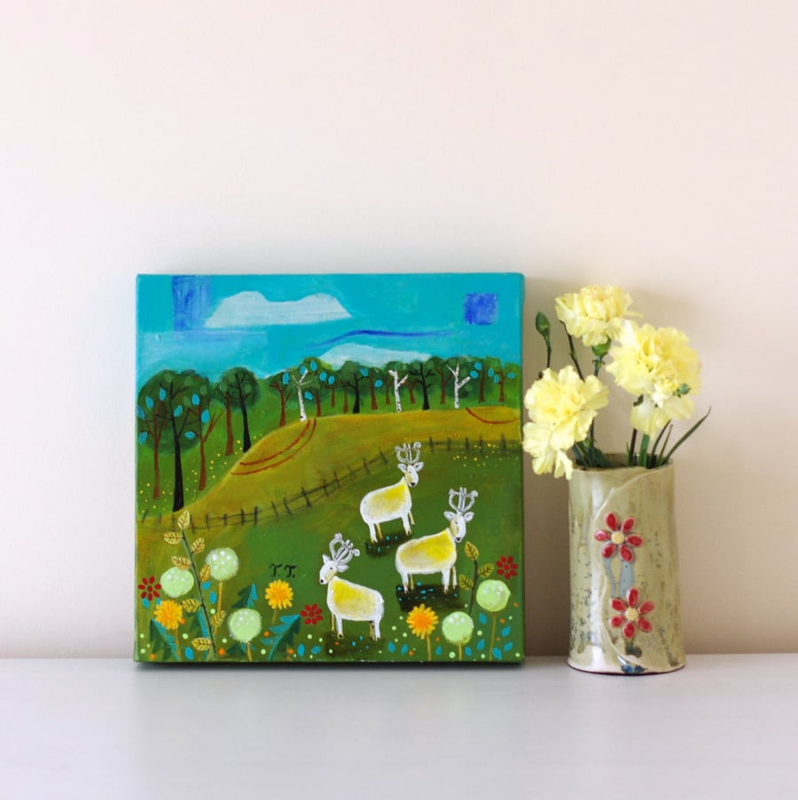 Naive Art Countryside with Sheep, Contemporary Landscape, Green Artwork 