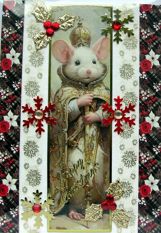 Hand Crafted Decoupage Chistmas Card - Happy Christmas (3227) Santa Claus Mouse