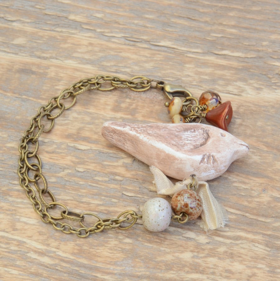 Polymer Clay Bird, Ceramic Bead & Sari Silk Ribbon Bracelet