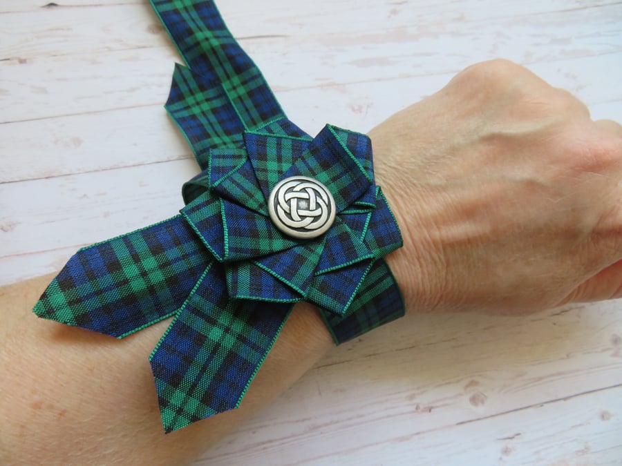 Black Watch Tartan Ruffle Rosette Celtic Button Wrist Corsage Wristlet 