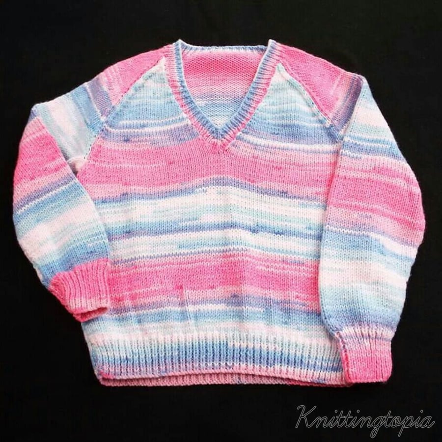 Hand Knitted Sparkly pink and blue Girls Jumper, V Neck