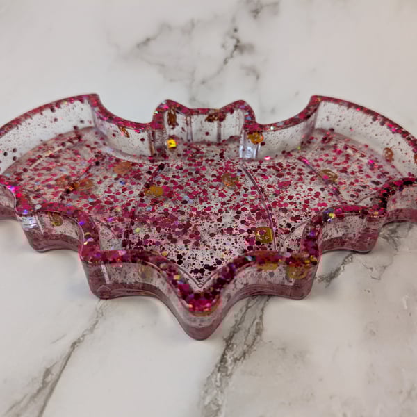 Resin Bat Tray – Pink Glitter with Pumpkin Confetti
