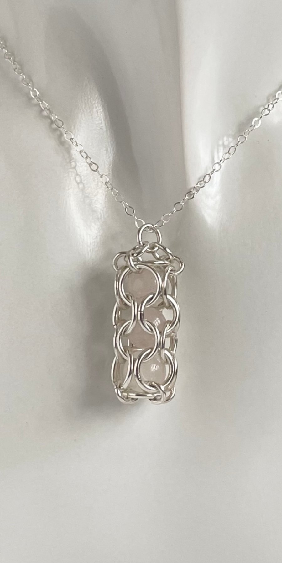 Rose Quartz Captured Chainmaille Pendant