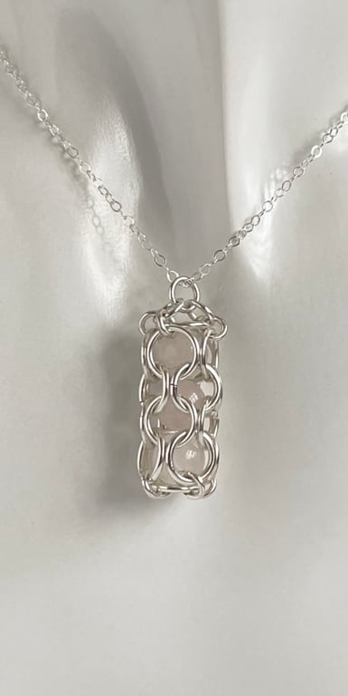 Rose Quartz Captured Chainmaille Pendant