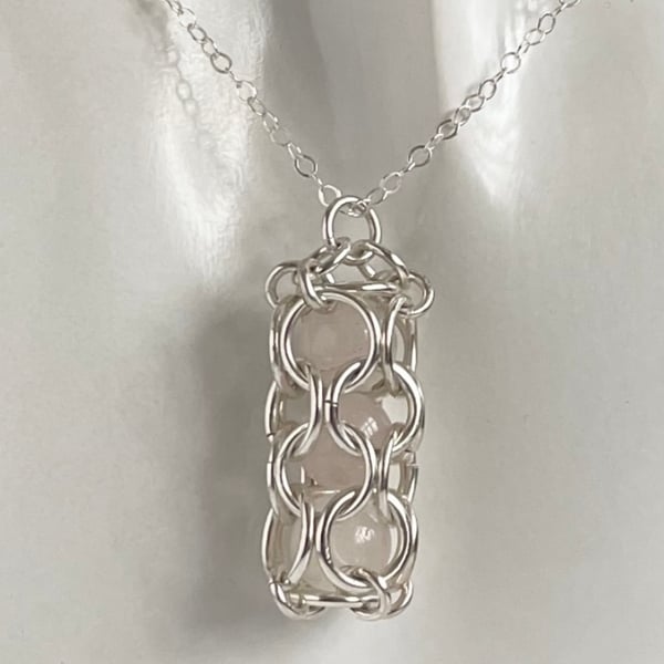 Rose Quartz Captured Chainmaille Pendant