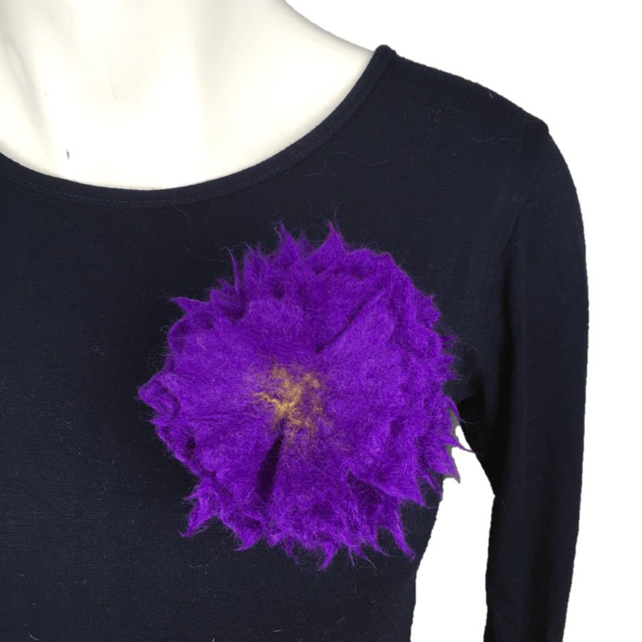 Felted flower brooch or corsage, lapel or scarf pin in purple