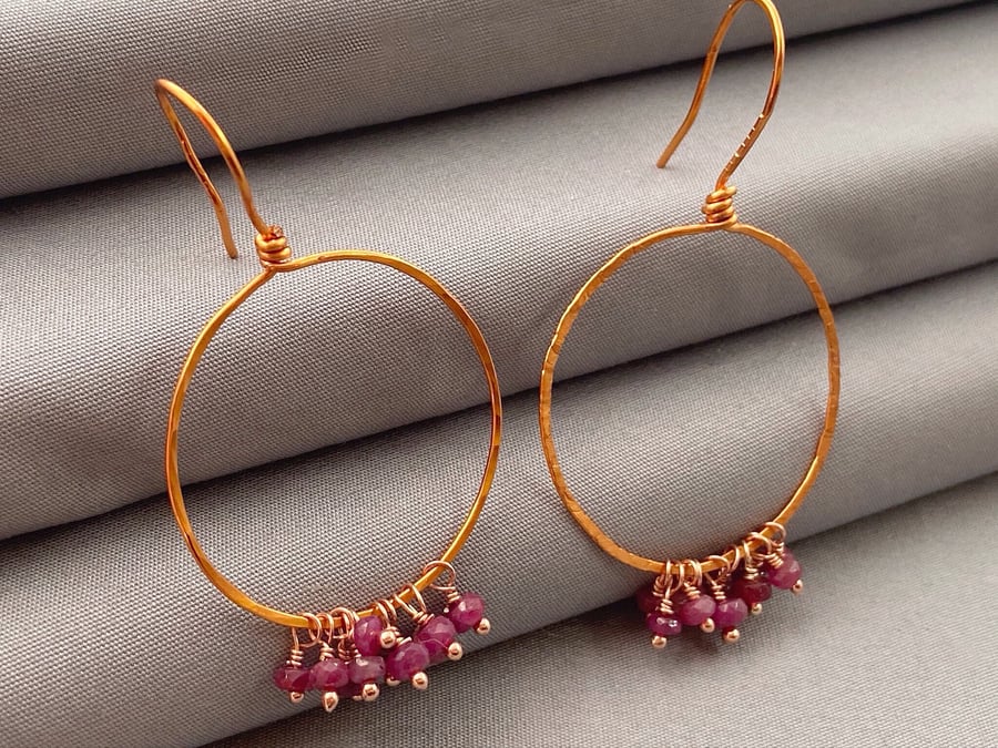 Natural Ruby & Hammered Copper Hoop Earrings
