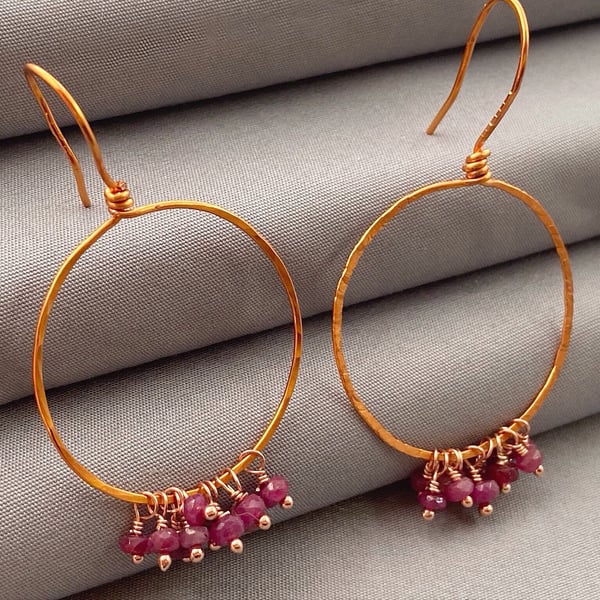 Natural Ruby & Hammered Copper Hoop Earrings