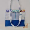 Strong tote bag in blue denim and blue white stripes shorter, wider version
