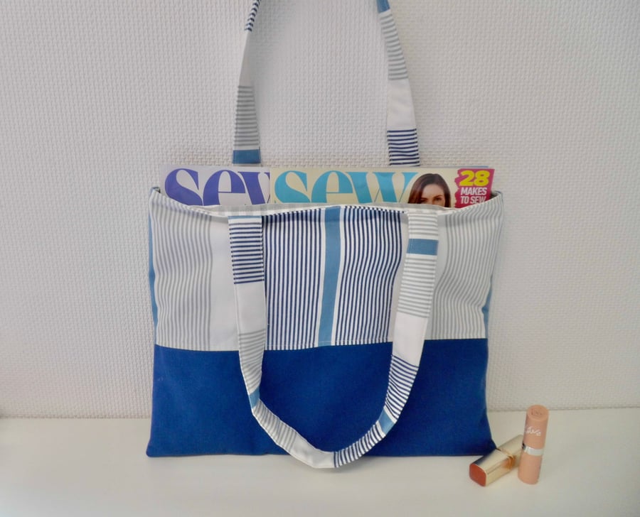 SOLD Strong tote bag in blue denim and blue white stripes shorter, wider version